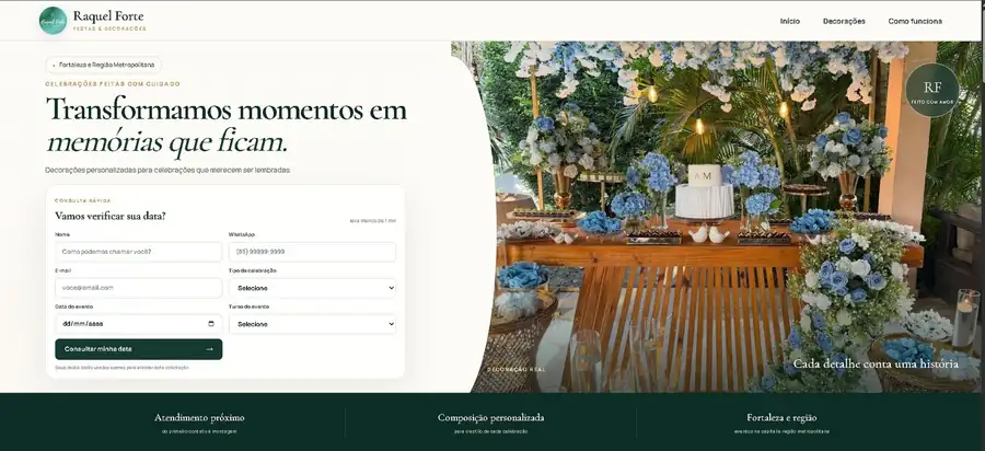 Página inicial do site Raquel Forte Festas e Decorações no computador
